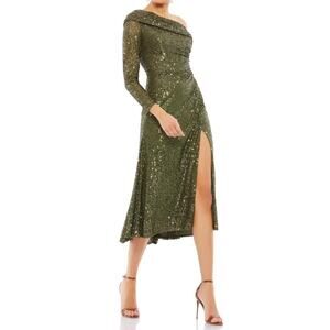 Ieena for‎ Mac Duggal 26551 NWT One Shoulder Sequin Long Sleeve Midi Dress
